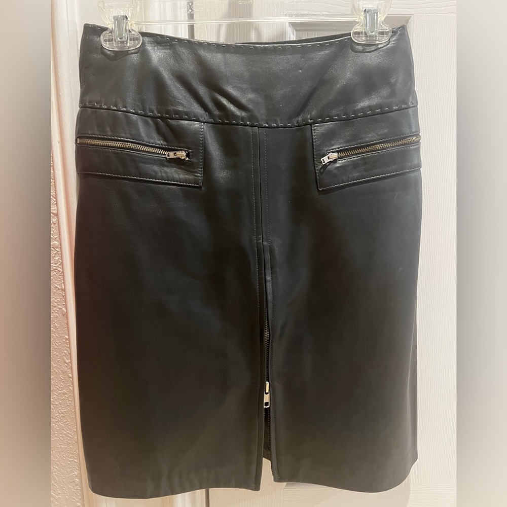 Cache Navy Leather Pencil Skirt with Zipper Accents